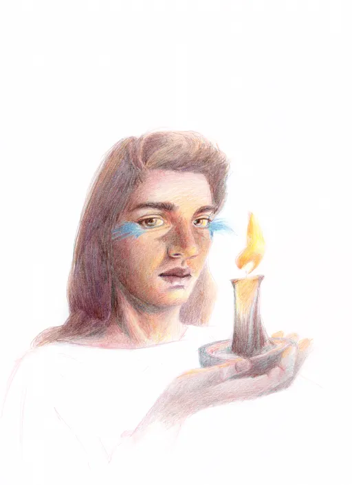 Blue Butterflies and a Candle, 2025, colored pencil on 230gms paper, 28 x 21 cm