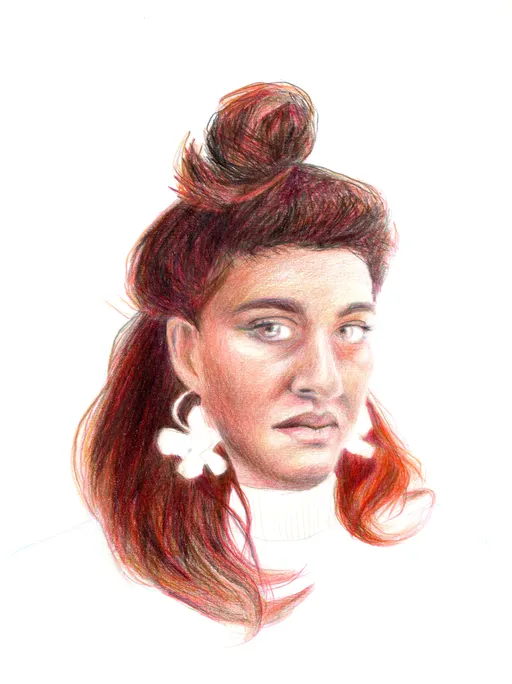 Self Portrait with Flower Earrings, 2025, color pencil on 230gsm paper, 28 x 20 cm