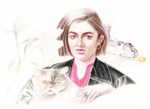 Hoda, Kalima and Manet's Fish, 2026 , colored pencil on paper, 30 x 26 cm