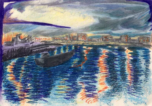 Anzali at Night, 2025, mixed media on paper, 20 x 14 cm