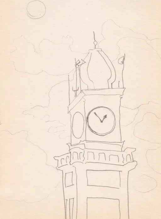 Clock Tower in Shahrdari Sq. in Rasht, 2024, pencil on paper, 14 x 10 cm