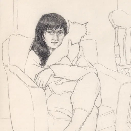 Studies of Others - Melika and Her Cat, Fandogh, 2024, pencil on paper, 28 x 20 cm