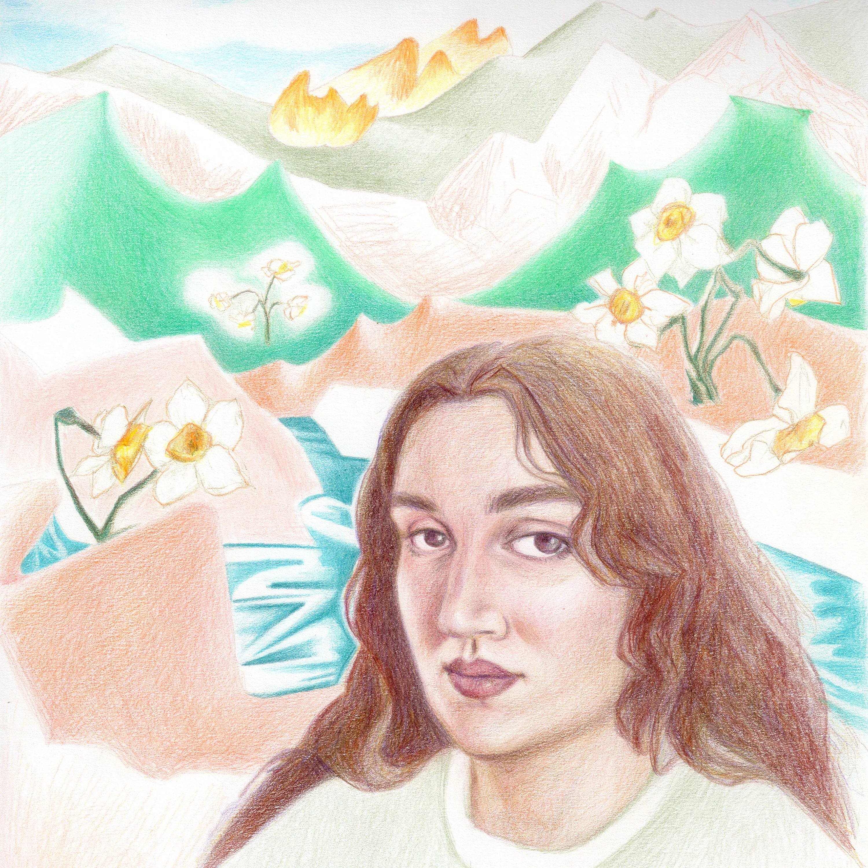 Flowers of Exile -  May Fire Be Far Far from Narcissi, 2026, colored pencil on 230gsm paper, 28 x 20 cm