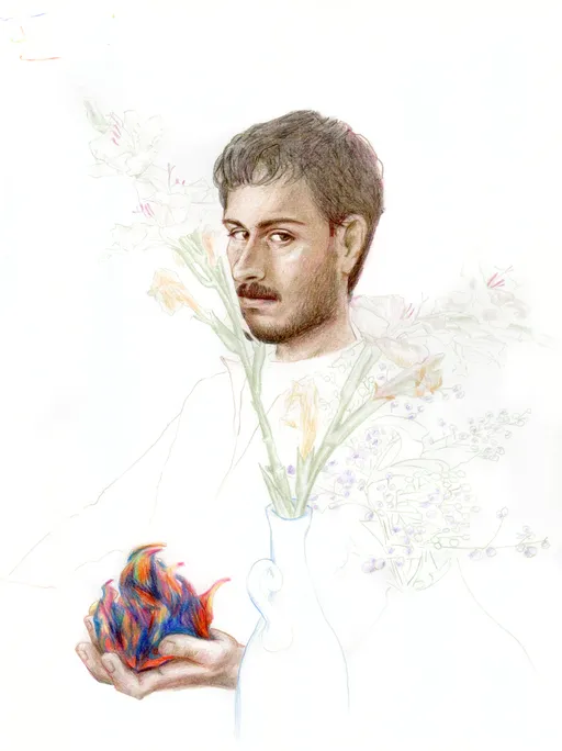 Flowers of Exile - Mehri, Fire and the Flowers, 2025, colored pencil on 230gsm paper, 28 x 21 cm