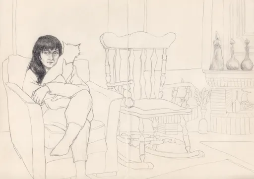 Melika and Her Cat, Fandogh, 2024, pencil on paper, 28 x 20 cm