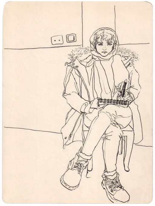 Self Portrait in a Cafe, 2017, ink on paper, 24.5 x 18 cm